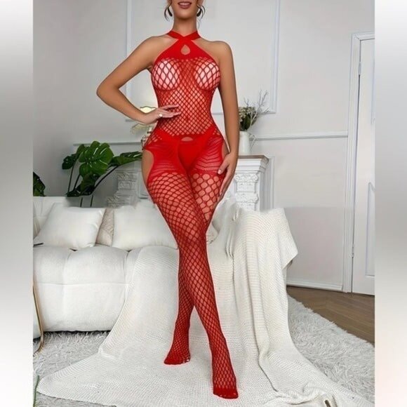 Red Sexy Hollow Out Halter Fishnet Bodysuit Lingerie - Picture 5 of 5
